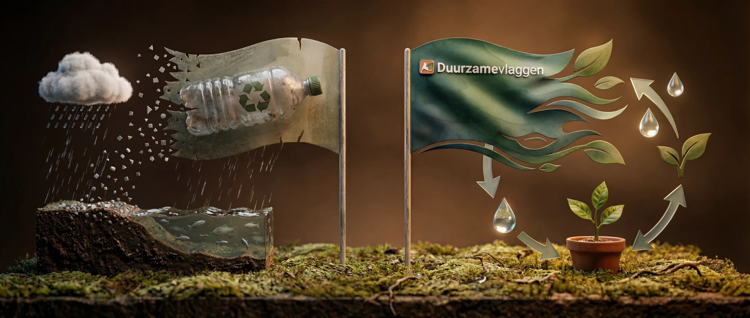 Links een vlag van gerecycled plastic die uiteenvalt in microplastics, die neerslaan in de bodem en het water. Rechts een Duurzame Vlaggen-vlag die overgaat in bladeren en terugkeert in de kringloop.