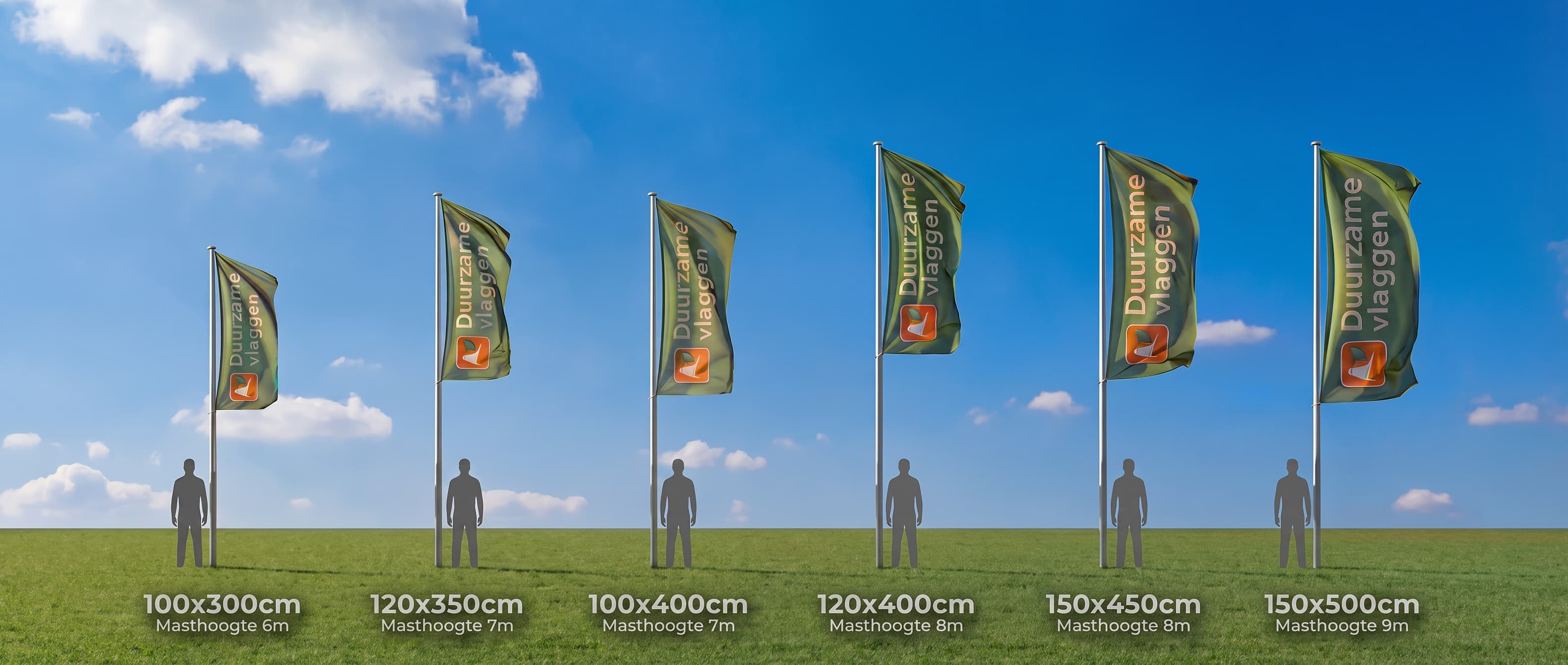 Alle baniervlag-maten naast elkaar, van 100 × 300 cm (masthoogte 6 m) tot 150 × 500 cm (masthoogte 9 m)