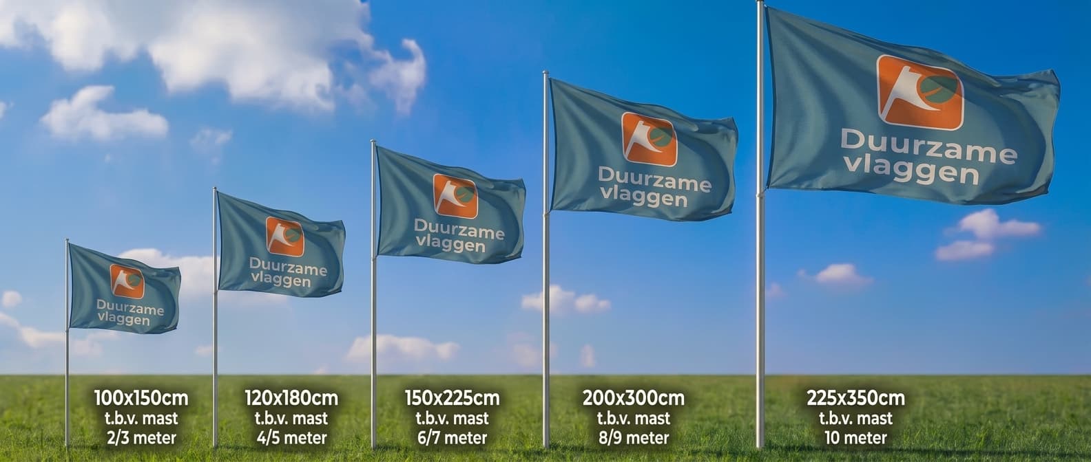 Alle mastvlag-maten naast elkaar, van 100 × 150 cm (mast 2/3 m) tot 225 × 350 cm (mast 10 m)
